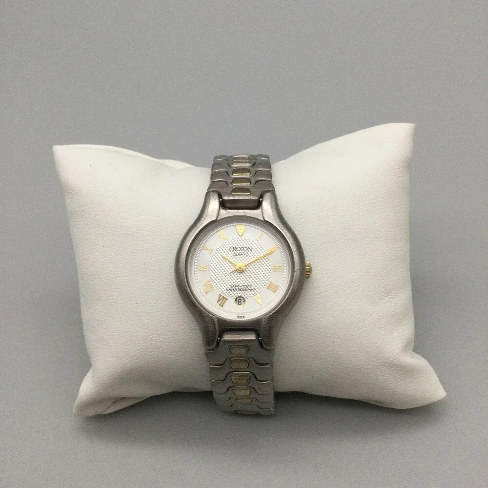 Croton Womens Watch 27mm 23k Gold Plated Two Tone Steel Date New Battery 7.25